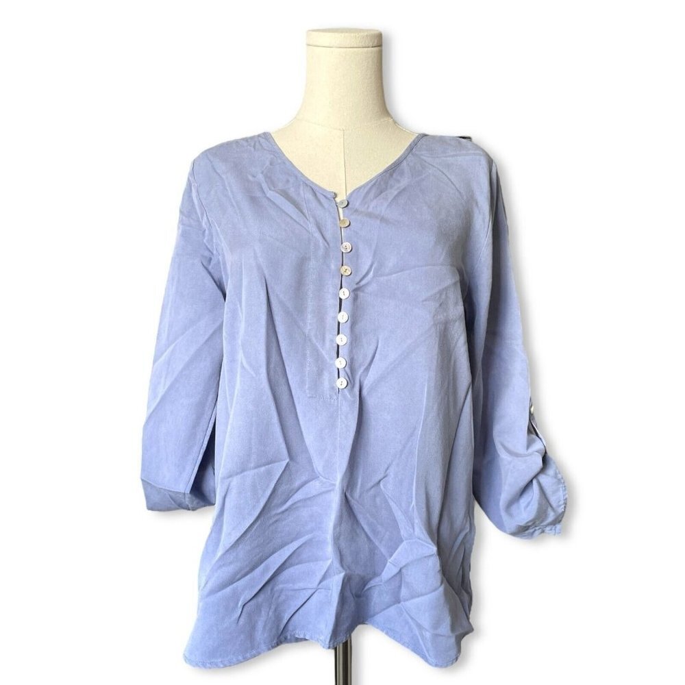 Soft Surroundings Roll Tab Top Women M Petite‎ Blue Button Peasant Cottage Boho